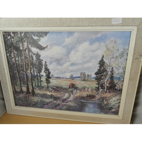 447 - A large vintage framed oil painting on board 'Forest Walk' signed.