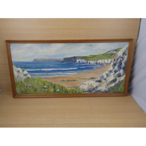 495 - A framed oil on board 'North Antrim Coastline', measuring 73x36cm.