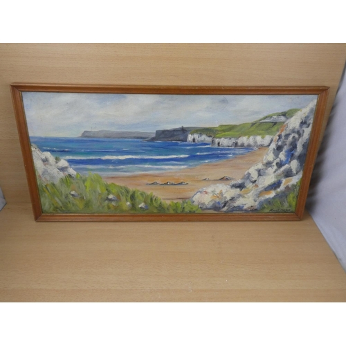 495 - A framed oil on board 'North Antrim Coastline', measuring 73x36cm.