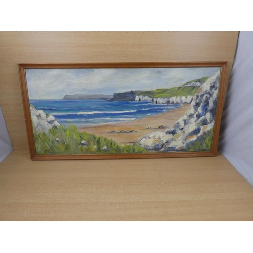 495 - A framed oil on board 'North Antrim Coastline', measuring 73x36cm.