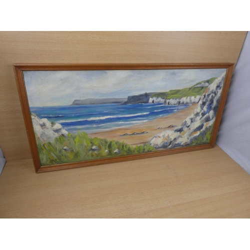 495 - A framed oil on board 'North Antrim Coastline', measuring 73x36cm.