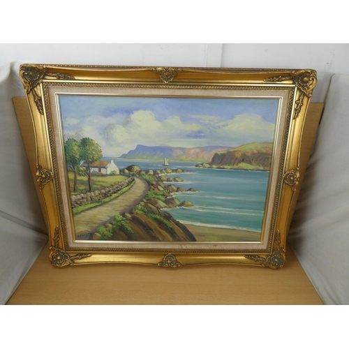 515 - A stunning gilt framed oil painting 'The Coast Road' signed JJ O'Neill, measuring 75x60cm.