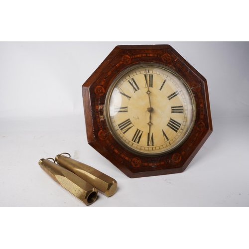 652 - An antique mahogany and inlay wag at the wall clock for restoration.