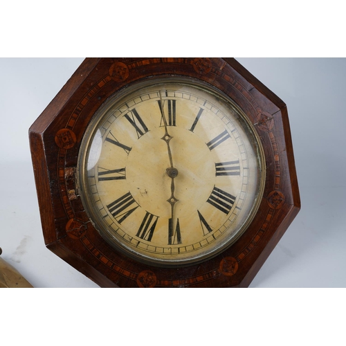 652 - An antique mahogany and inlay wag at the wall clock for restoration.