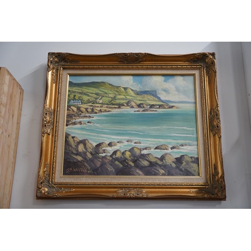 694 - A stunning gilt framed oil painting 'North Antrim Coastline', by Irish Artist, J J O'Neill, measurin... 