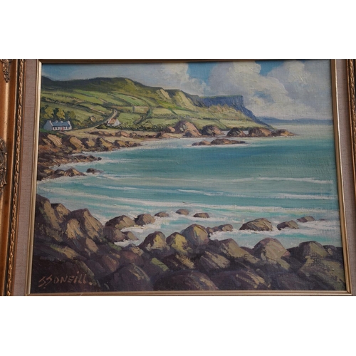 694 - A stunning gilt framed oil painting 'North Antrim Coastline', by Irish Artist, J J O'Neill, measurin... 