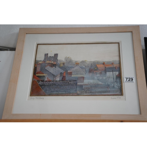 729 - A framed watercolour 'Early Morning Mist, Lewes 1978' signed E G D, measuring 50x43cm.