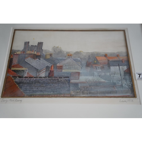 729 - A framed watercolour 'Early Morning Mist, Lewes 1978' signed E G D, measuring 50x43cm.