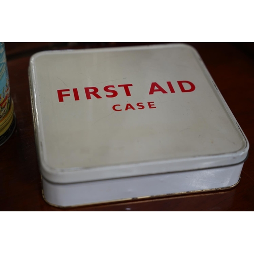 836 - A vintage metal First Aid tin, a Gaudeamus igitur tin tankard and more.