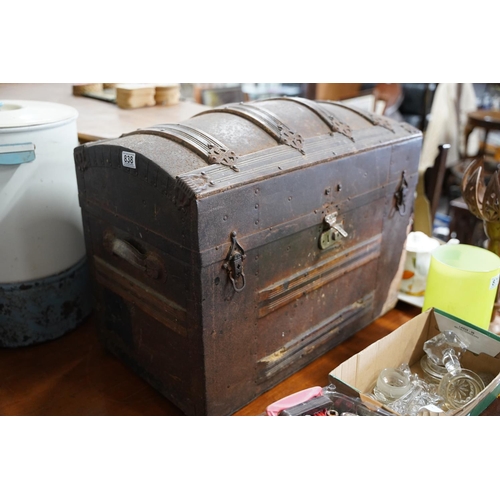 838 - An antique wooden dome topped trunk, measuring 67x55x38cm.