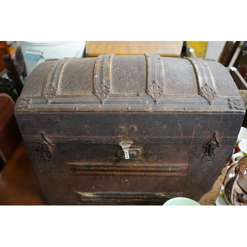 838 - An antique wooden dome topped trunk, measuring 67x55x38cm.