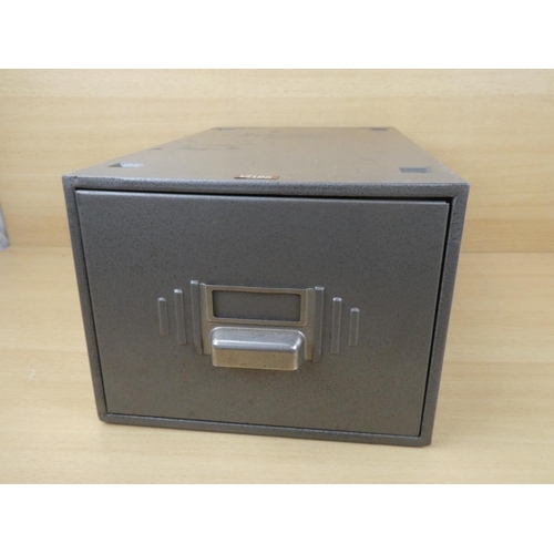 934 - A Velos metal index box and padlock and key, measuring 23x18x38cm.