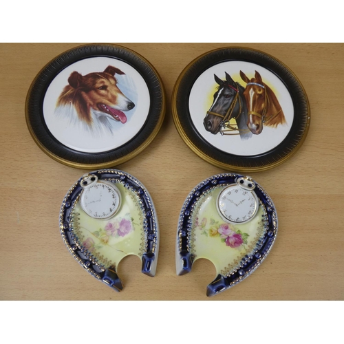 938 - A pair of antique horse shoe plates (a/f) and two others.