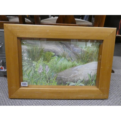 999 - A pine framed watercolour of a tree stump signed Louie Winward, measuring 64x45cm.