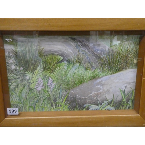 999 - A pine framed watercolour of a tree stump signed Louie Winward, measuring 64x45cm.