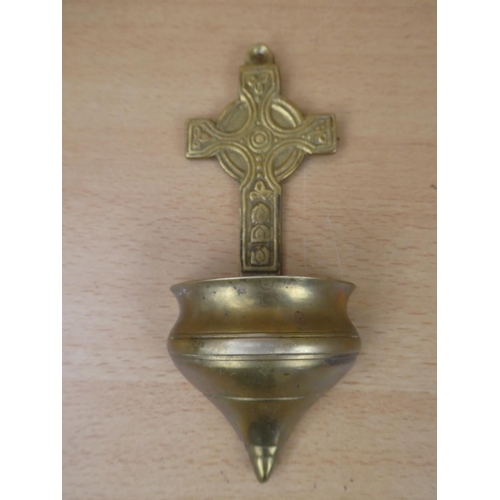 65 - A brass Celtic cross water font.