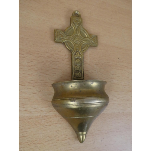 65 - A brass Celtic cross water font.