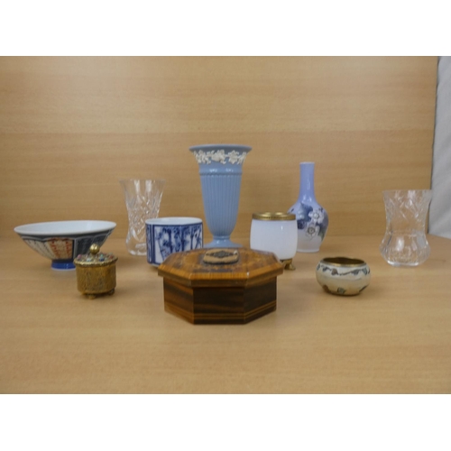 66 - A decorative wooden trinket box, two small crystal vases and a lot of assorted ceramics. Small brass... 