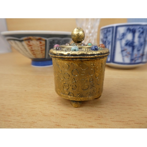 66 - A decorative wooden trinket box, two small crystal vases and a lot of assorted ceramics. Small brass... 