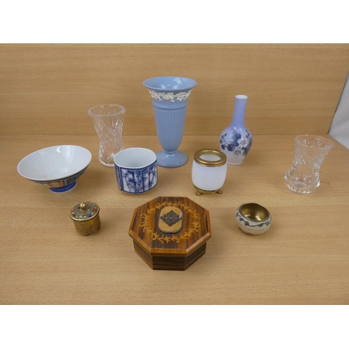 66 - A decorative wooden trinket box, two small crystal vases and a lot of assorted ceramics. Small brass... 