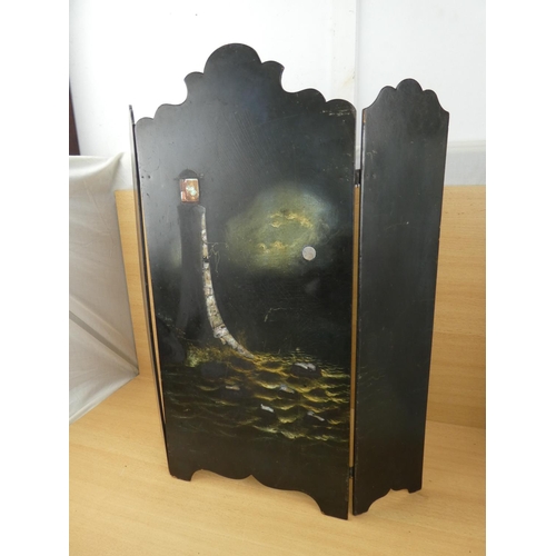 88 - An antique hand painted fire screen in the style of a lighthouse, measuring 61x70cm.