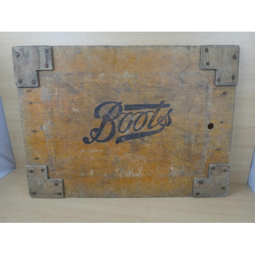 90 - A vintage 'Boots' wooden crate panel, measuring 62x45cm.