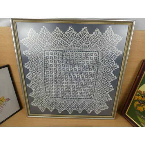 92 - A framed piece of Irish lace & 3 needlepoints, largest measuring 54x55cm.