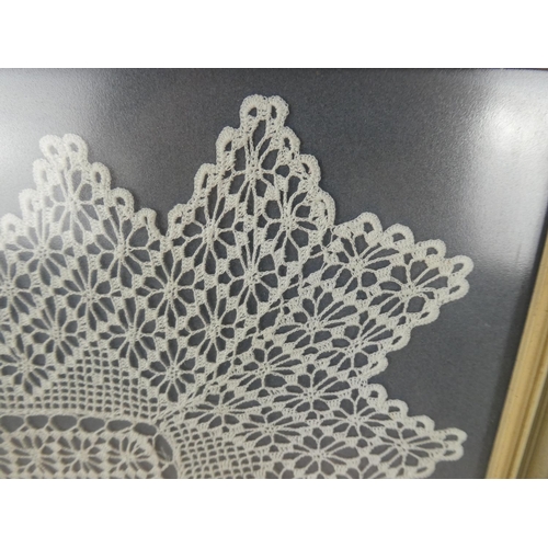 92 - A framed piece of Irish lace & 3 needlepoints, largest measuring 54x55cm.