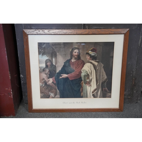 124 - A vintage oak framed religious picture 'Christ and the Rich Ruler', measuring 52x41cm.