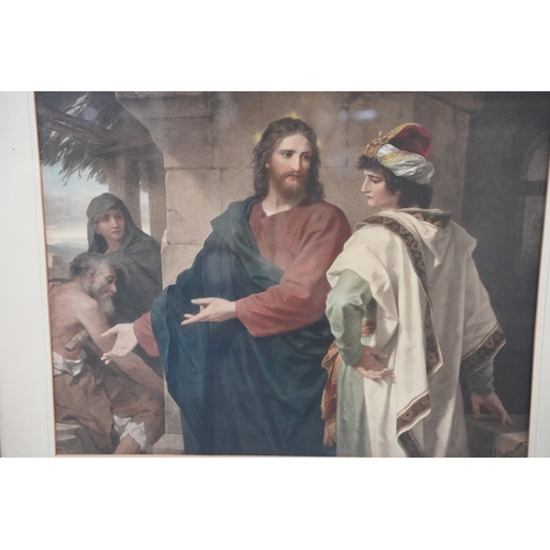 124 - A vintage oak framed religious picture 'Christ and the Rich Ruler', measuring 52x41cm.