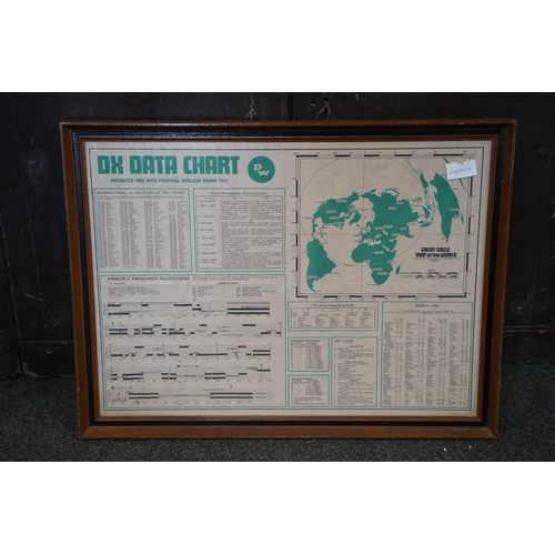 137 - A framed DX Data Chart map of the world, measuring 52x39cm.