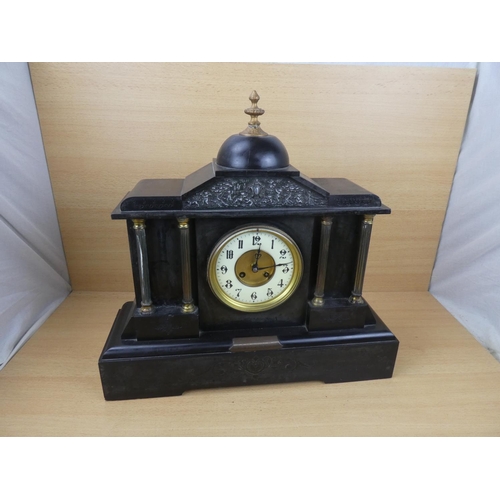 544 - A stunning large antique slate mantle clock with presentation brass plaque dated March 1919, measuri... 