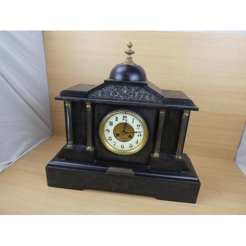 544 - A stunning large antique slate mantle clock with presentation brass plaque dated March 1919, measuri... 