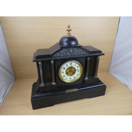 544 - A stunning large antique slate mantle clock with presentation brass plaque dated March 1919, measuri... 