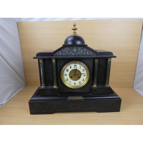 544 - A stunning large antique slate mantle clock with presentation brass plaque dated March 1919, measuri... 