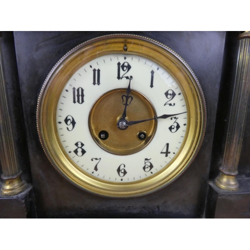 544 - A stunning large antique slate mantle clock with presentation brass plaque dated March 1919, measuri... 