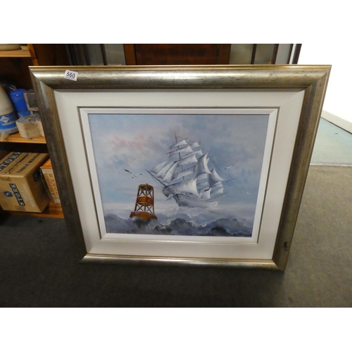 560 - A stunning large framed oil painting of a Galleon at sea. 60x50cm (print size).