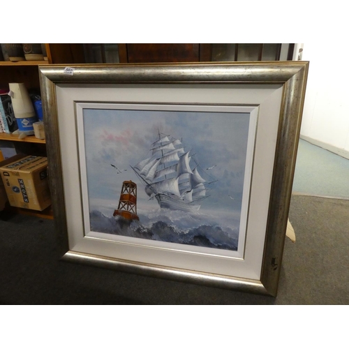 560 - A stunning large framed oil painting of a Galleon at sea. 60x50cm (print size).