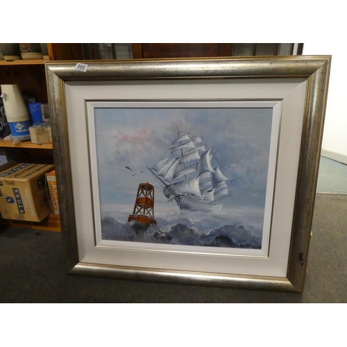 560 - A stunning large framed oil painting of a Galleon at sea. 60x50cm (print size).