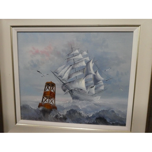 560 - A stunning large framed oil painting of a Galleon at sea. 60x50cm (print size).