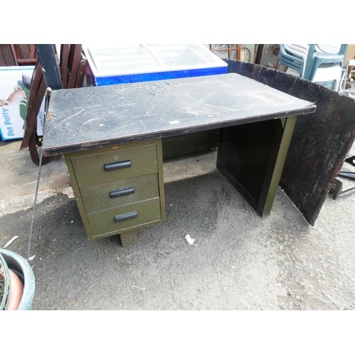 626 - A vintage metal industrial desk with three drawers.