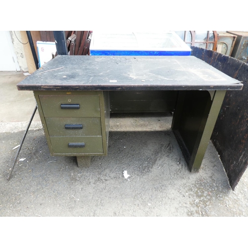 626 - A vintage metal industrial desk with three drawers.