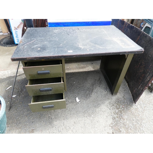 626 - A vintage metal industrial desk with three drawers.