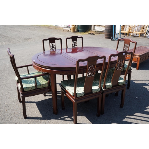 21 - A stunning Oriental style dining table with 6 matching chairs, and handmade upholstered cushions, sh... 