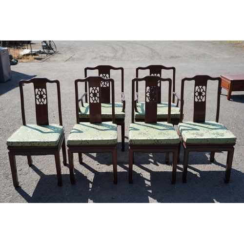 21 - A stunning Oriental style dining table with 6 matching chairs, and handmade upholstered cushions, sh... 