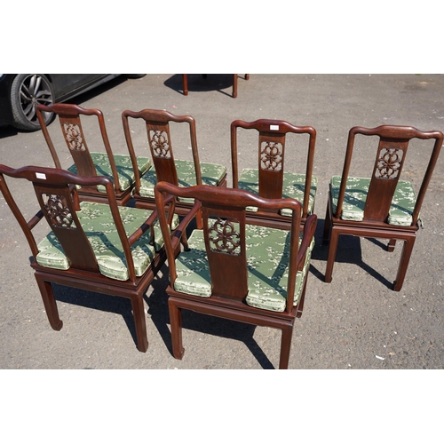 21 - A stunning Oriental style dining table with 6 matching chairs, and handmade upholstered cushions, sh... 