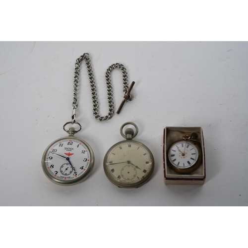 557 - A Sekonda pocket watch and chain, an antique gold plated ladies pocket watch and another.