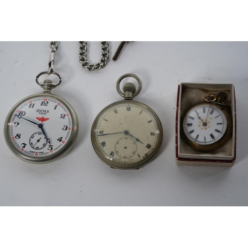 557 - A Sekonda pocket watch and chain, an antique gold plated ladies pocket watch and another.