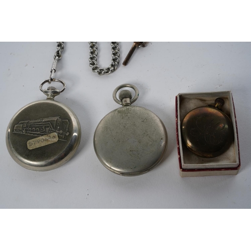 557 - A Sekonda pocket watch and chain, an antique gold plated ladies pocket watch and another.