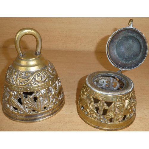 95 - A vintage brass Sanctuary bell and clanger and another in the style of an inkwell (missing liner).